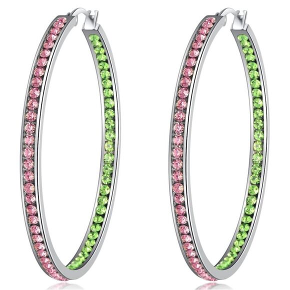 14K White Gold with Peridot Green and Pink Sapphire Cubic Zirconia Hoop Earrings - Picture 1 of 6